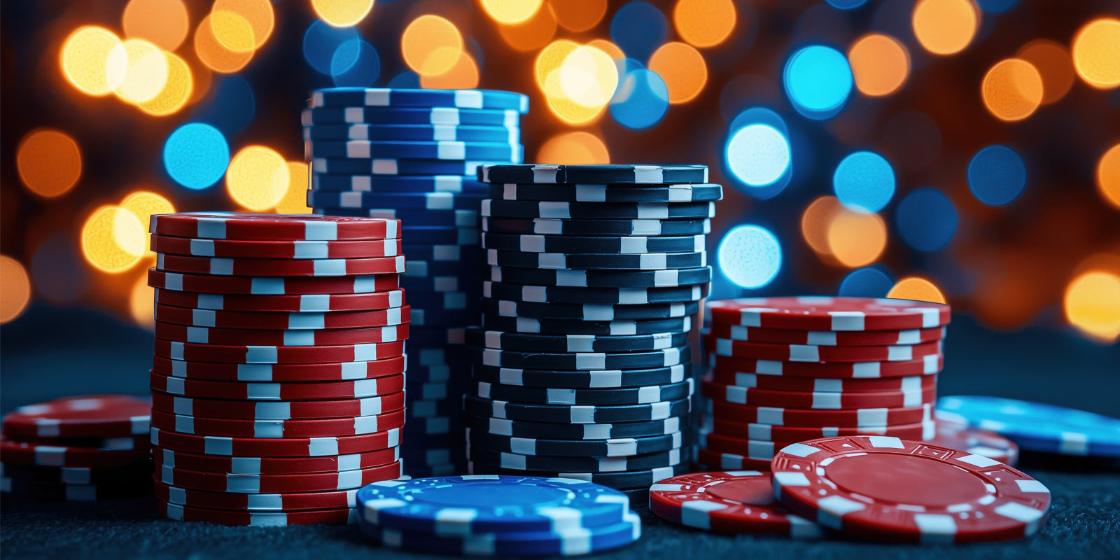 Red and Blue poker chips with yellow and blue abstract lights behind.
