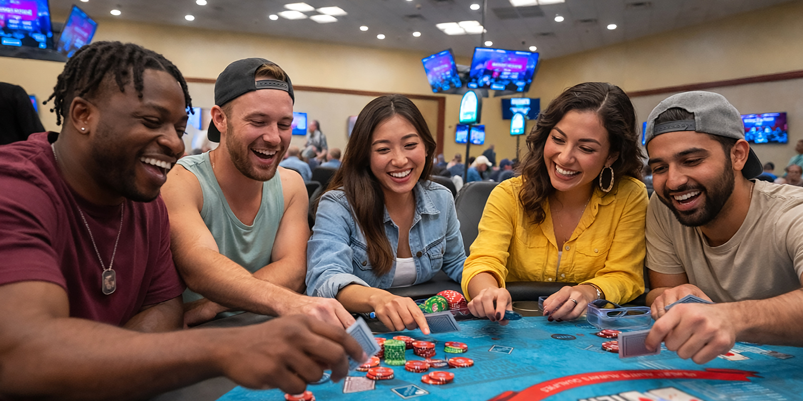 Group of players laying down poker chips on the green felt.